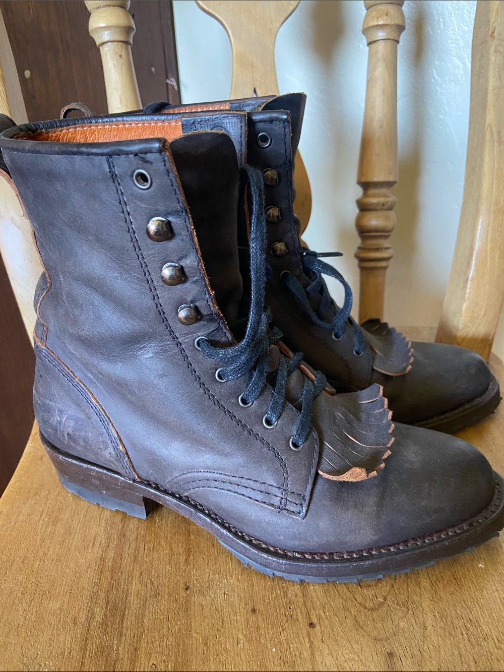 Frye Fringe Lace Up Riding Boots Dark Brown Size 6